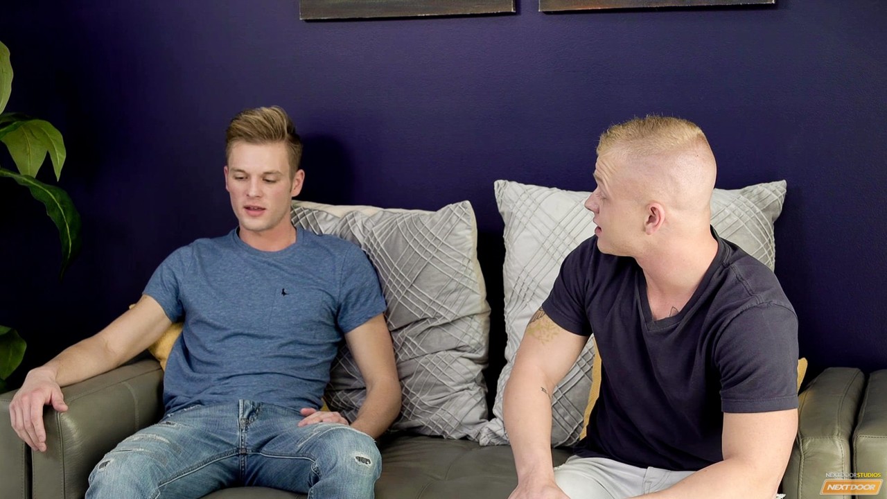 Inked gay Leo Luckett gets bent over the sofa and fucked by Ty Thomas  