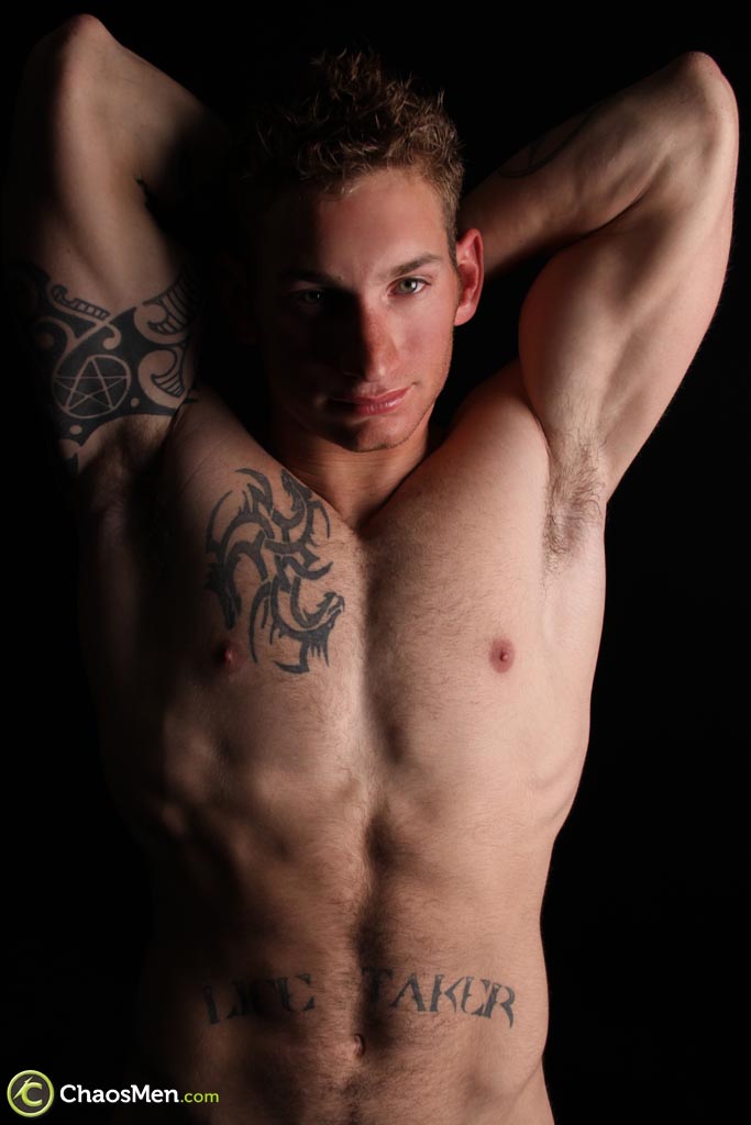 Good-looking inked gay dude Troy shows off his muscular body & his hard dick  