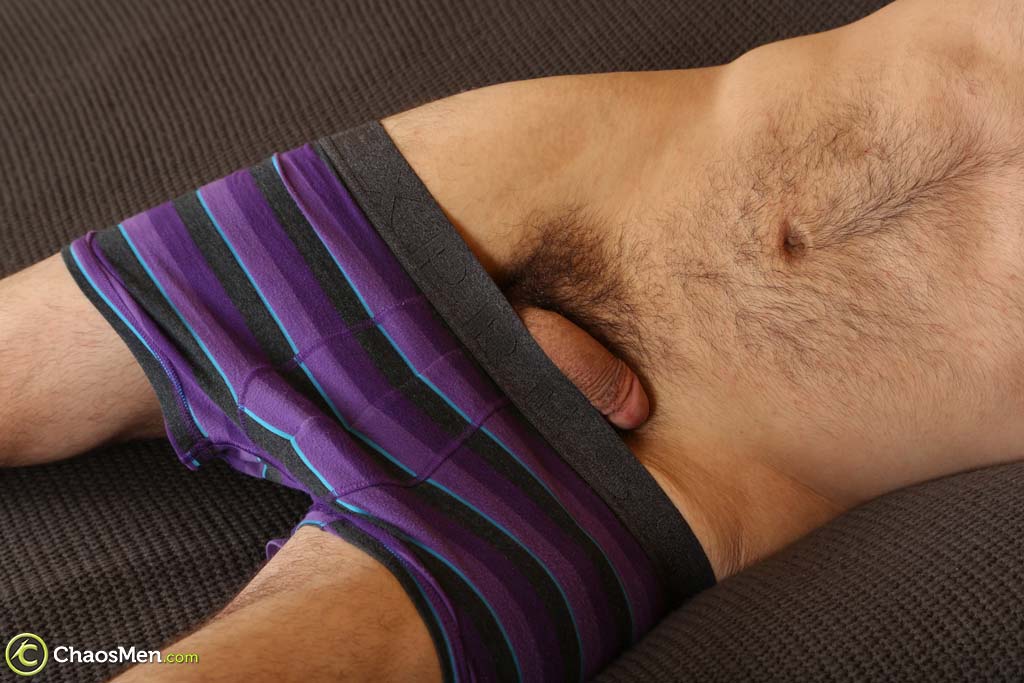 Slender gay brunette Kiefer shows off his muscular hairy body & throbbing dick  