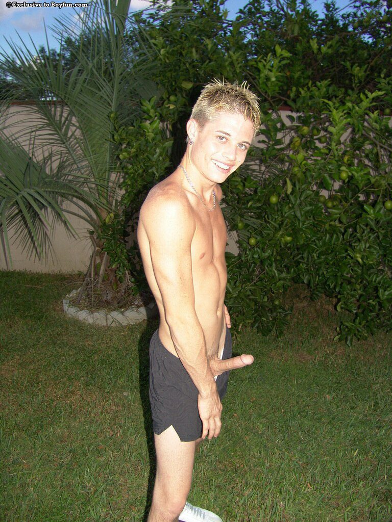 Blonde twink Jaden shows off his slim body, spread ass & hard cock outdoors  
