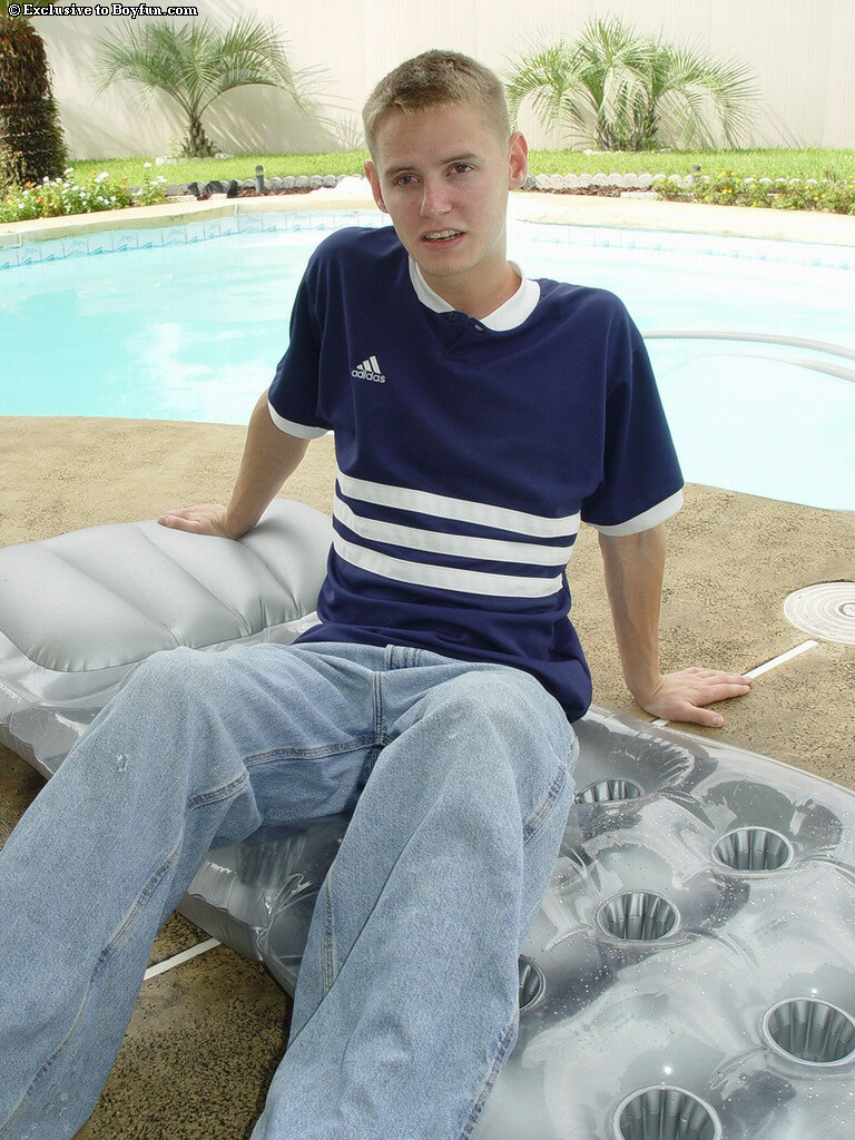 Blonde teen boy Justin unveiling his cut dick & big hairy ass poolside  