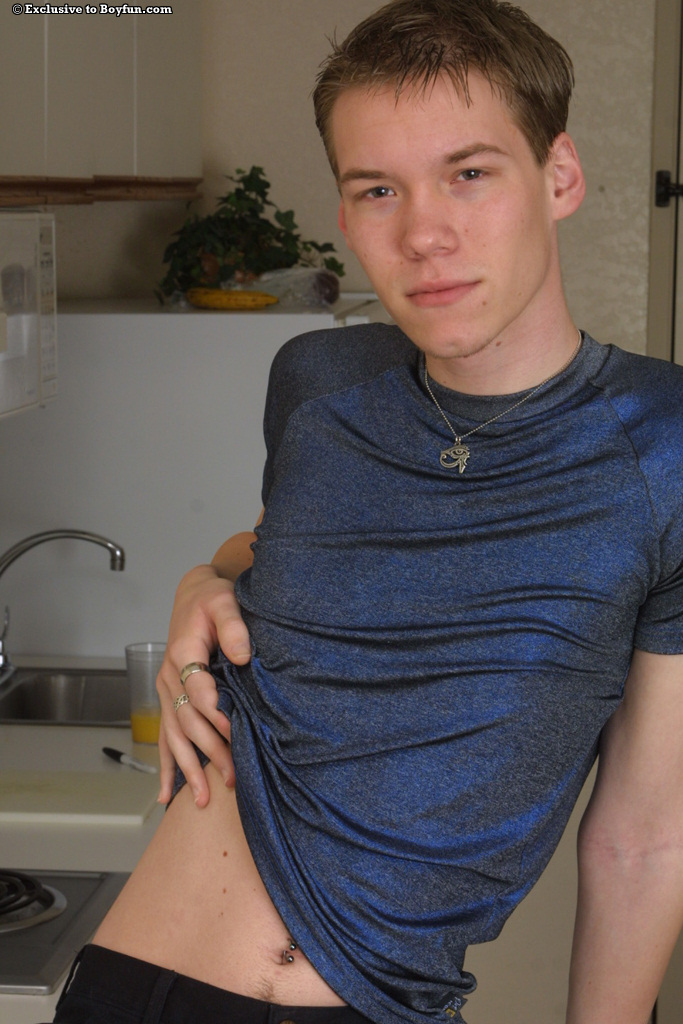 Caucasian twink Joe 2 strips naked in the kitchen & jerks off until he cums  