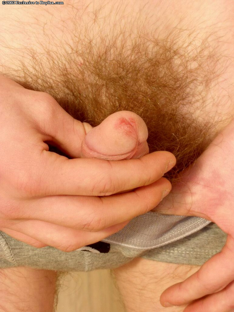 Skinny gay teen boy Viktor rubs his hairy uncut dick and big ass  