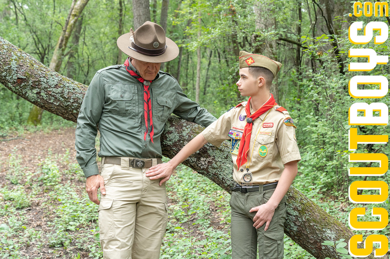 Mature gay scoutmaster Maxwell strips a twink and fucks him  