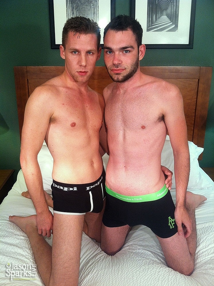 Dirty gay guys Alex Woods and Brandon Atkins ride each others dick on a bed  