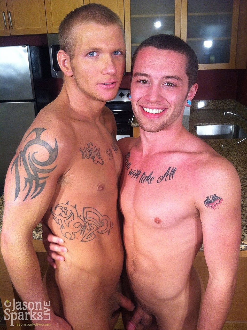 Inked gay lovers CK Steel & Jake Peters French kiss & fuck in the kitchen  