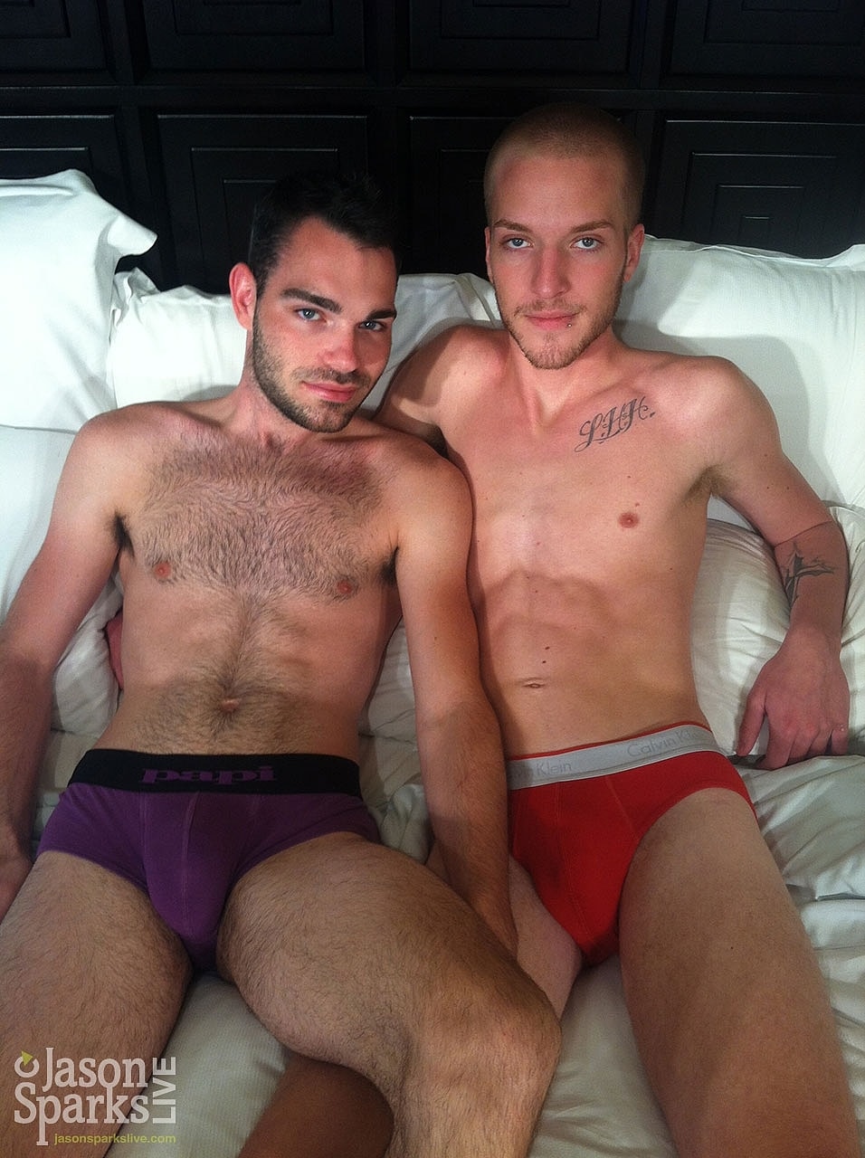 Skinny bald gay Americans Brandon Atkins and Parker Lewis bang hard on a bed  