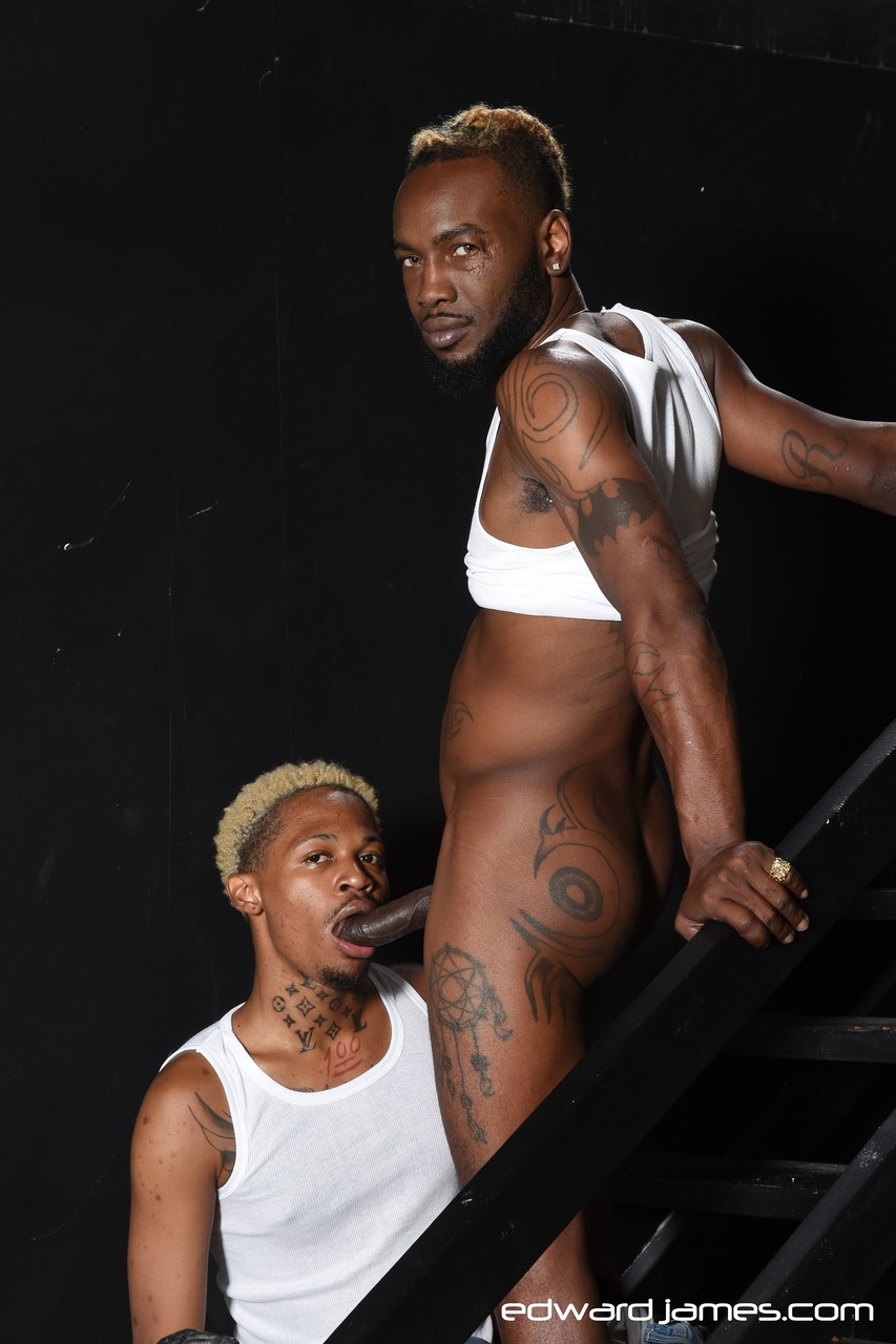 Black gay men Phoenix & Slicc have doggystyle anal sex on the stairs  